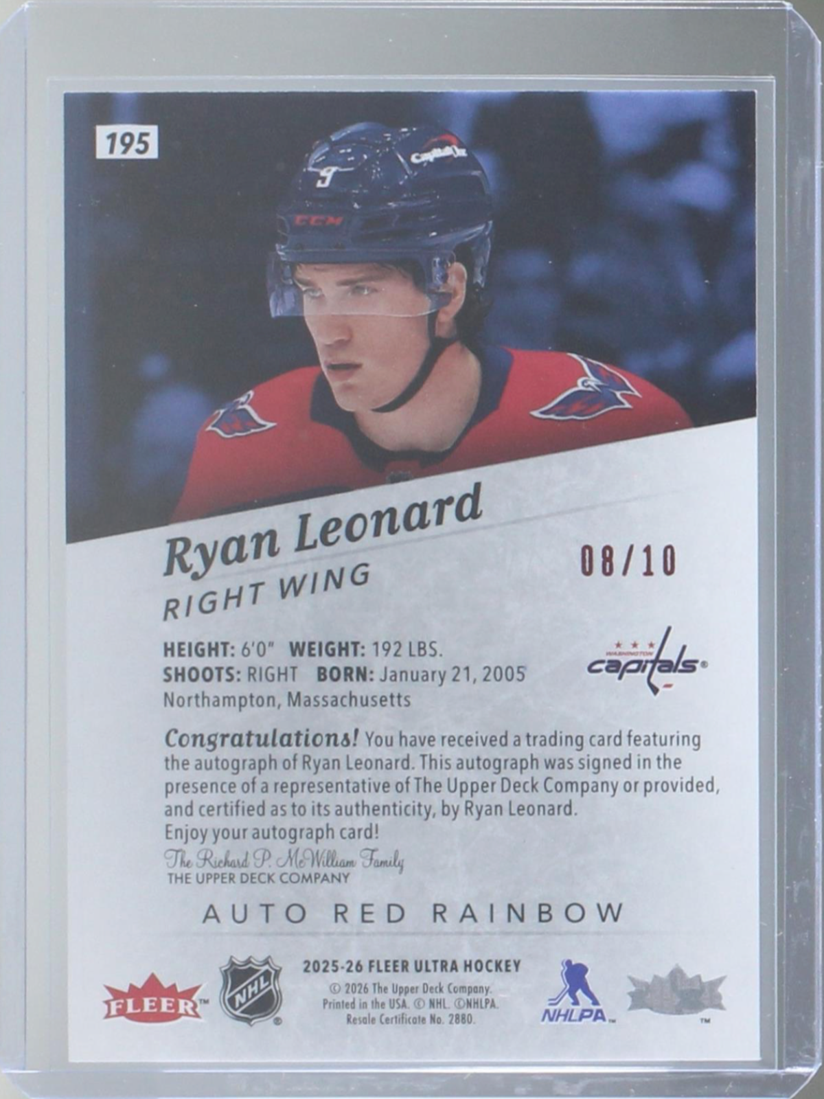 Ryan Leonard 2025-26 Fleer Ultra Red Rainbow Foil Auto 8/10 EPACK ITEM1