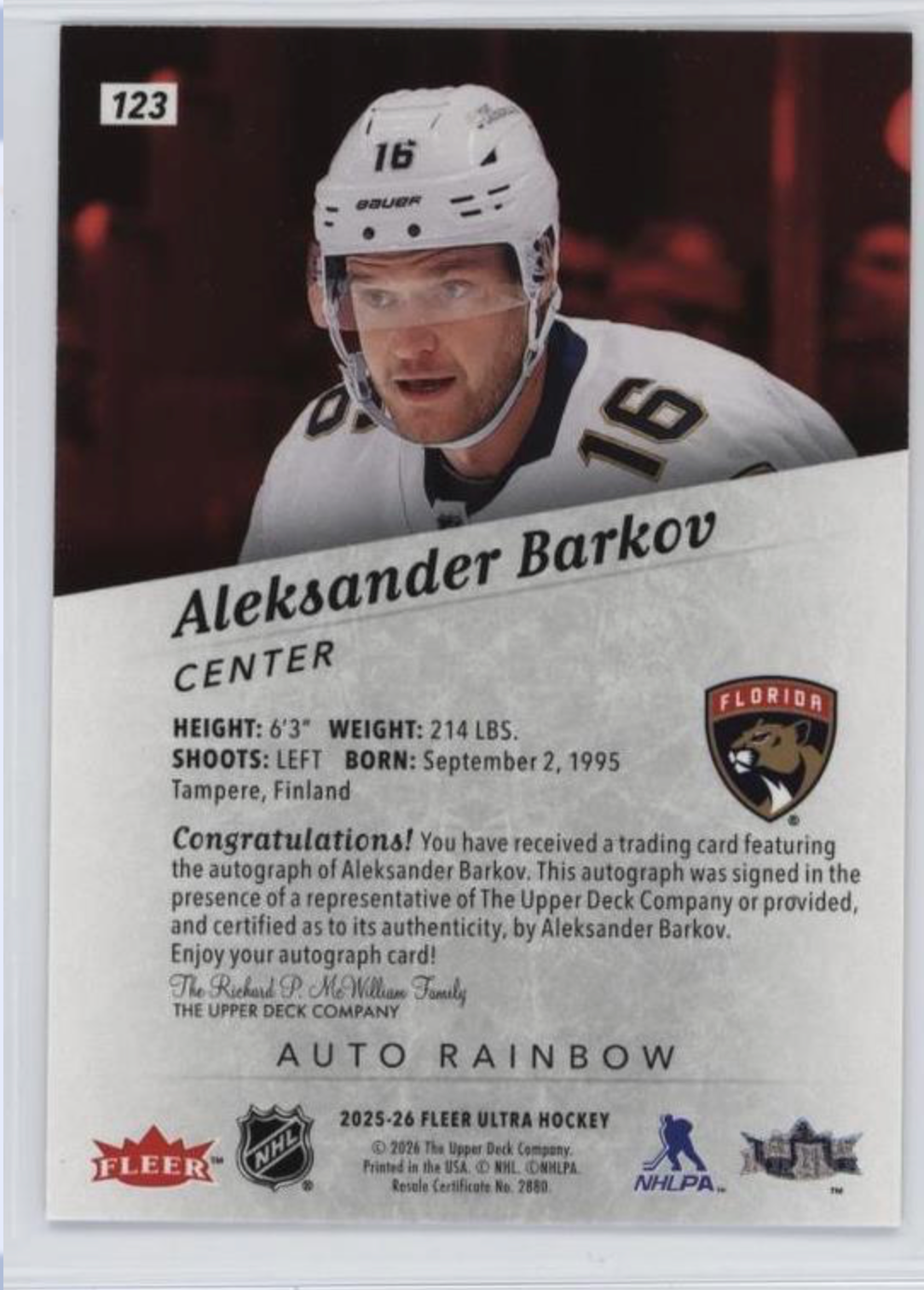 Aleksander Barkov 2025-26 Fleer Ultra Rainbow Foil AUTO EPACK ITEM1