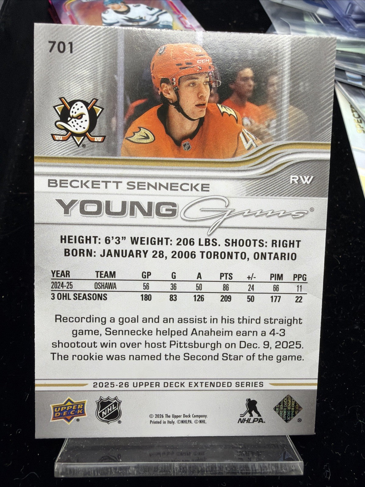 2025-26 Upper Deck Extended Series Beckett Sennecke Young Guns #701 Ducks1