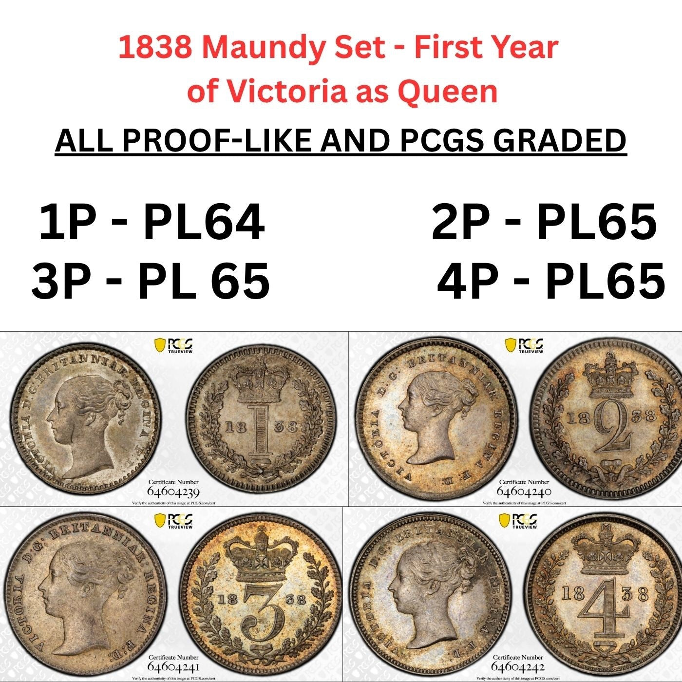 1838 ENGLAND MAUNDY COIN SET - PCGS GRADED PROOF-LIKE COINS! Sterling silver gem0