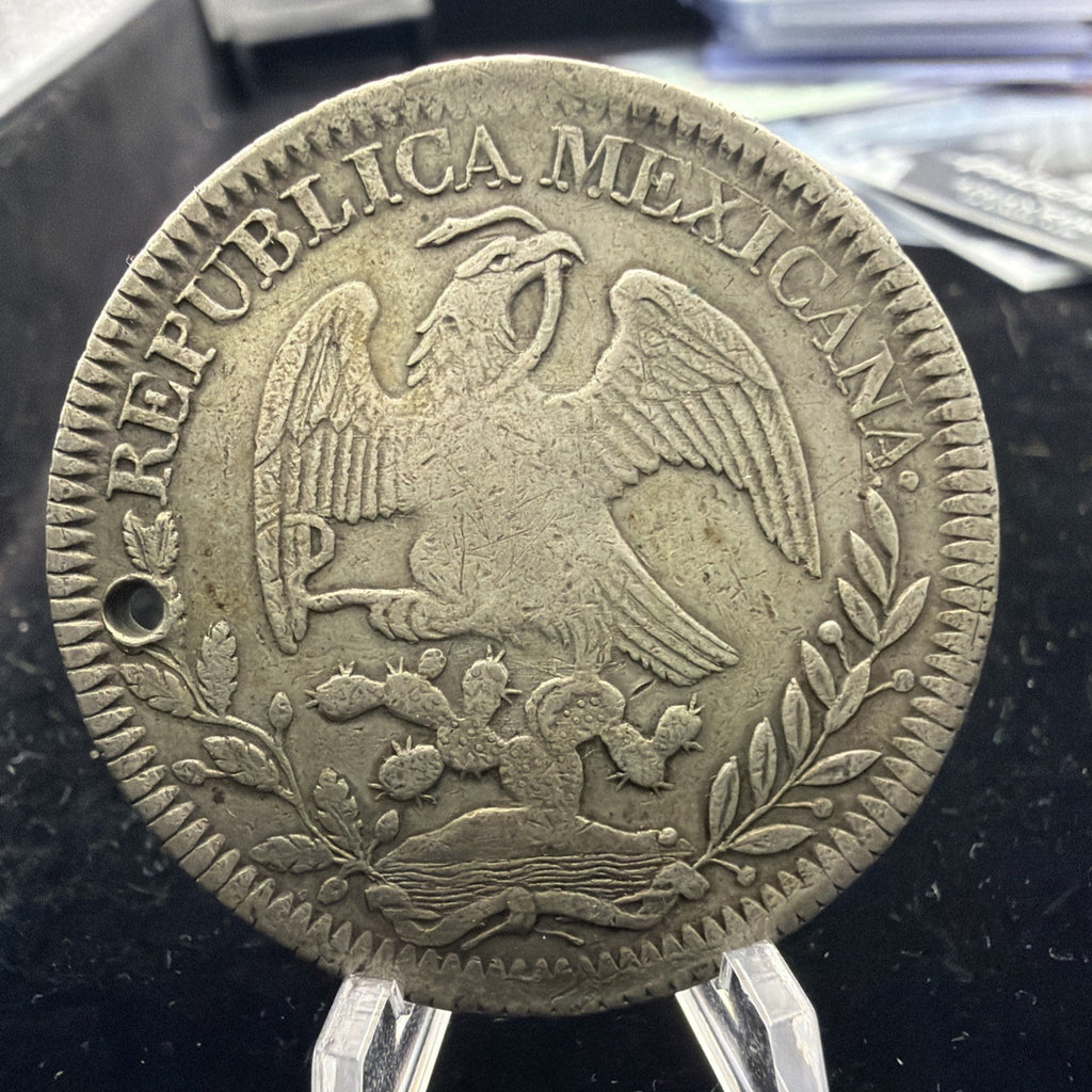 Mexico 1843 8 Reales Zs OM Zacatecas Mint Silver Coin sm hole1