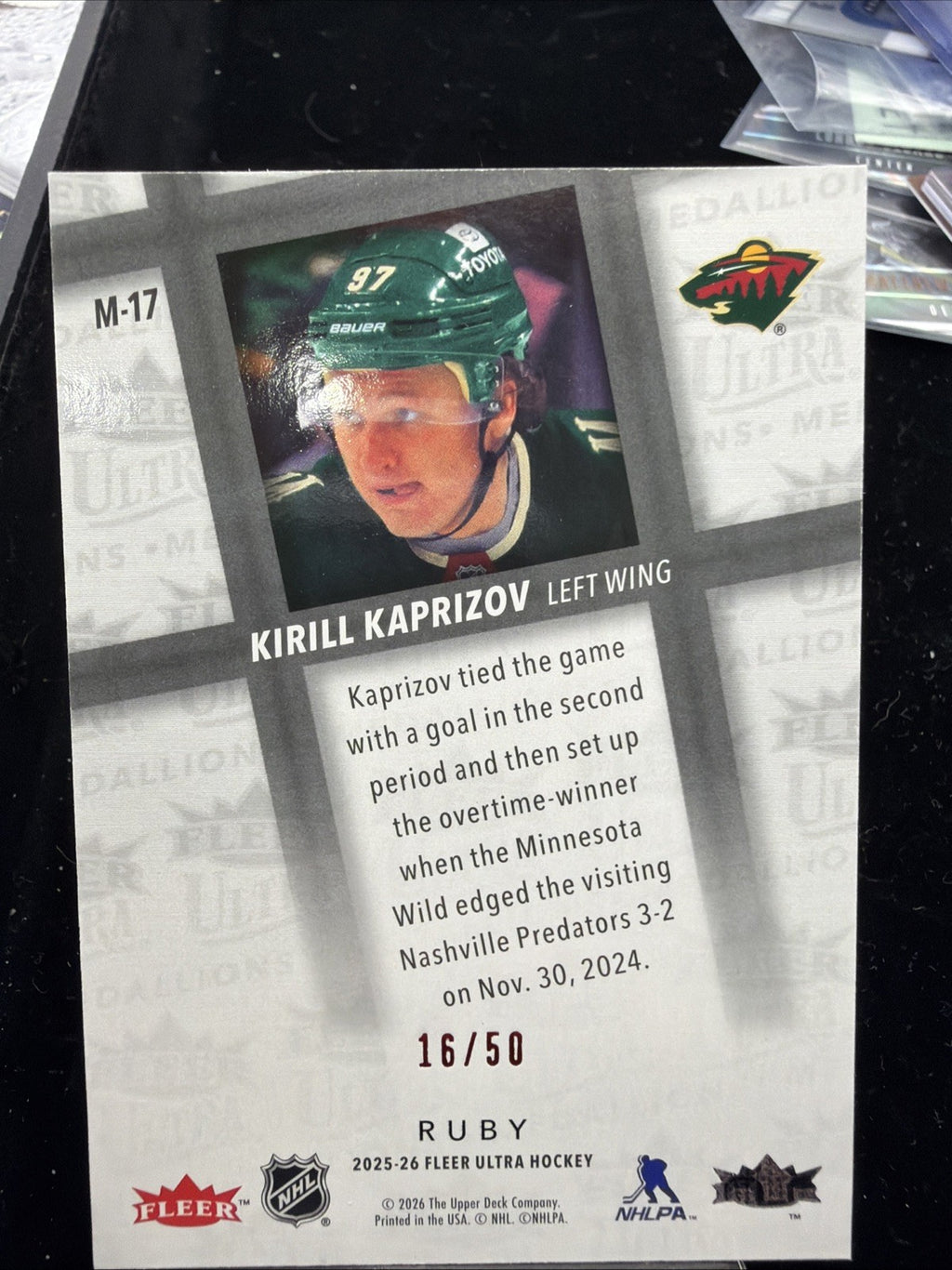 2025-26 Upper Deck Fleer Ultra Medallions Ruby Red /50 Kirill Kaprizov #M-171
