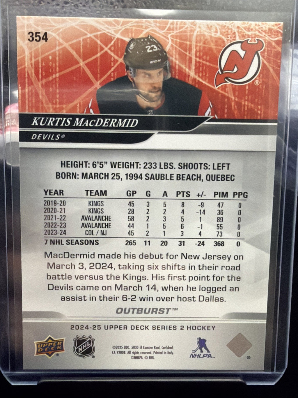 2024-25 Upper Deck #354 Kurtis MacDermid Outburst Silver1