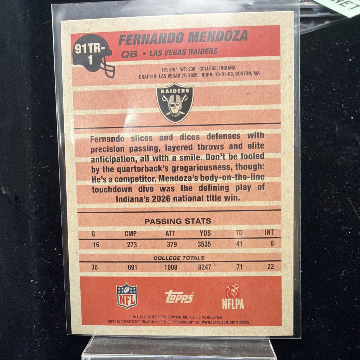 Fernando Mendoza 2026 Topps Flagship 1991 Rookie #91TR-1 Las Vegas Raiders RC1