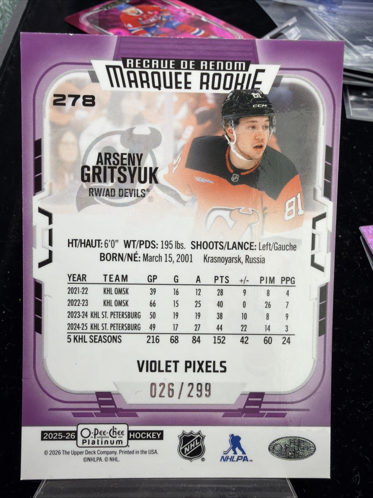 2025-26 O Pee Chee Platinum #279 Violet Pixels Rookie Arseny Gritsyuk /2991