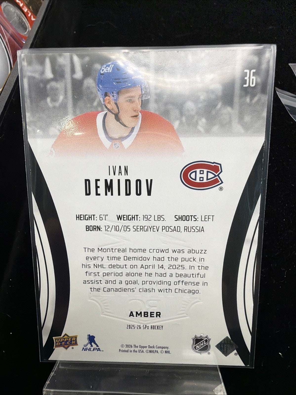 2025-26 SPX Ivan Demidov Finite Amber RC Canadiens Habs /49 COLOR MATCH1
