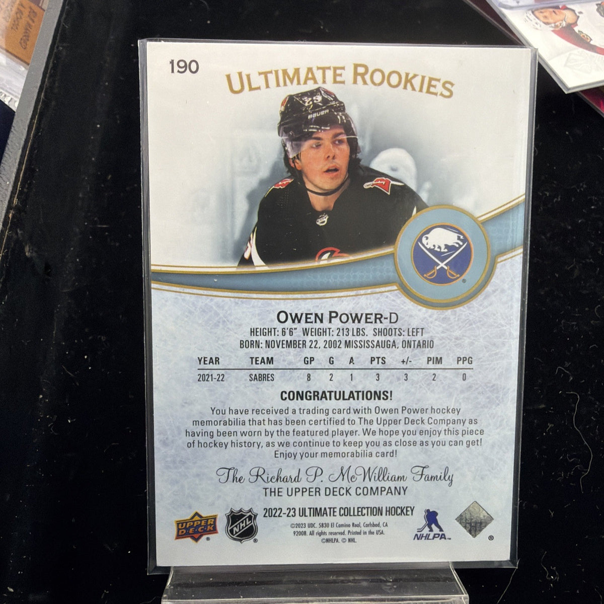 2022-23 Upper Deck Ultimate Collection - Ultimate Rookies Owen Power #190 Jersey1