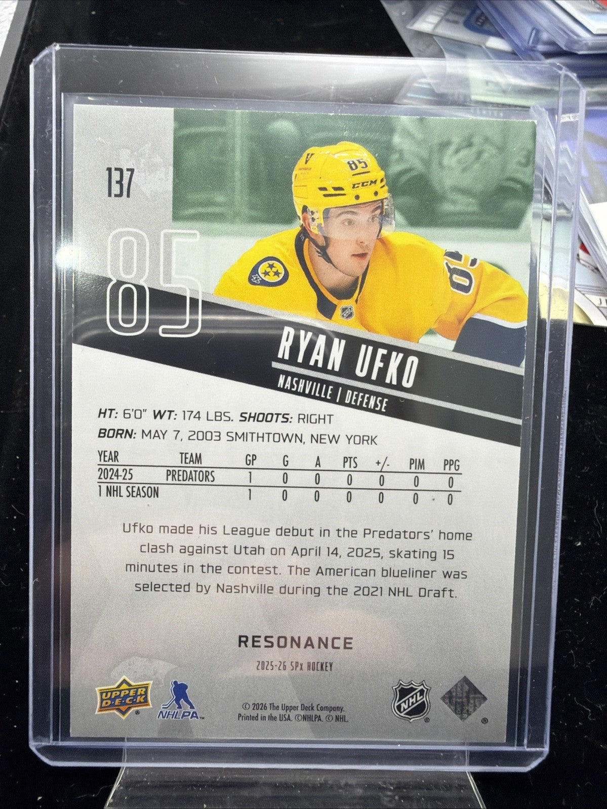 Upper Deck SPx 2025-26 Resonance #137 Ryan Ufko RC Predators NHL /1501