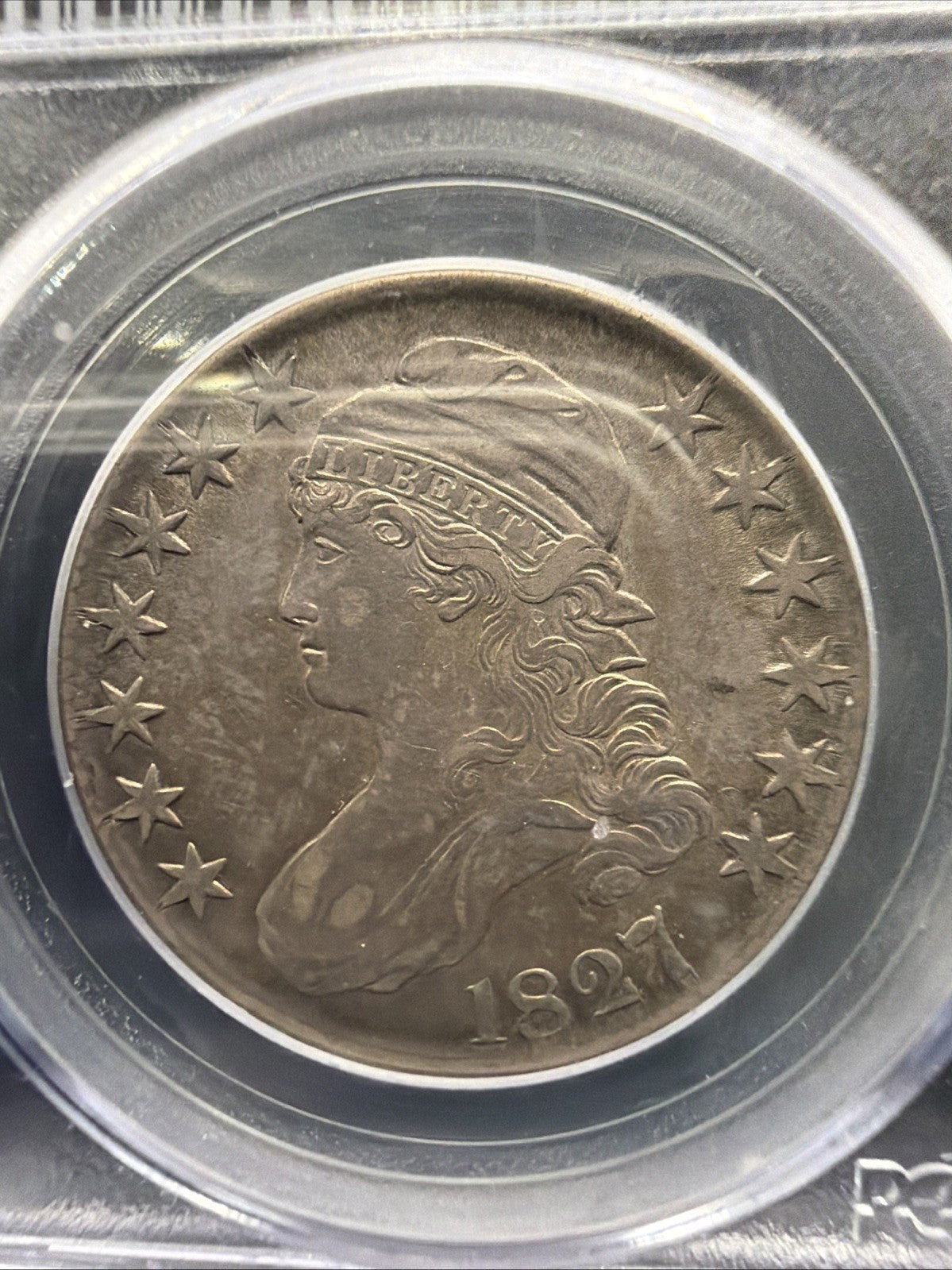 TONED 1827 Capped Bust Silver Half Dollar 50c Square Base 2 PCGS AU53 US COIN1