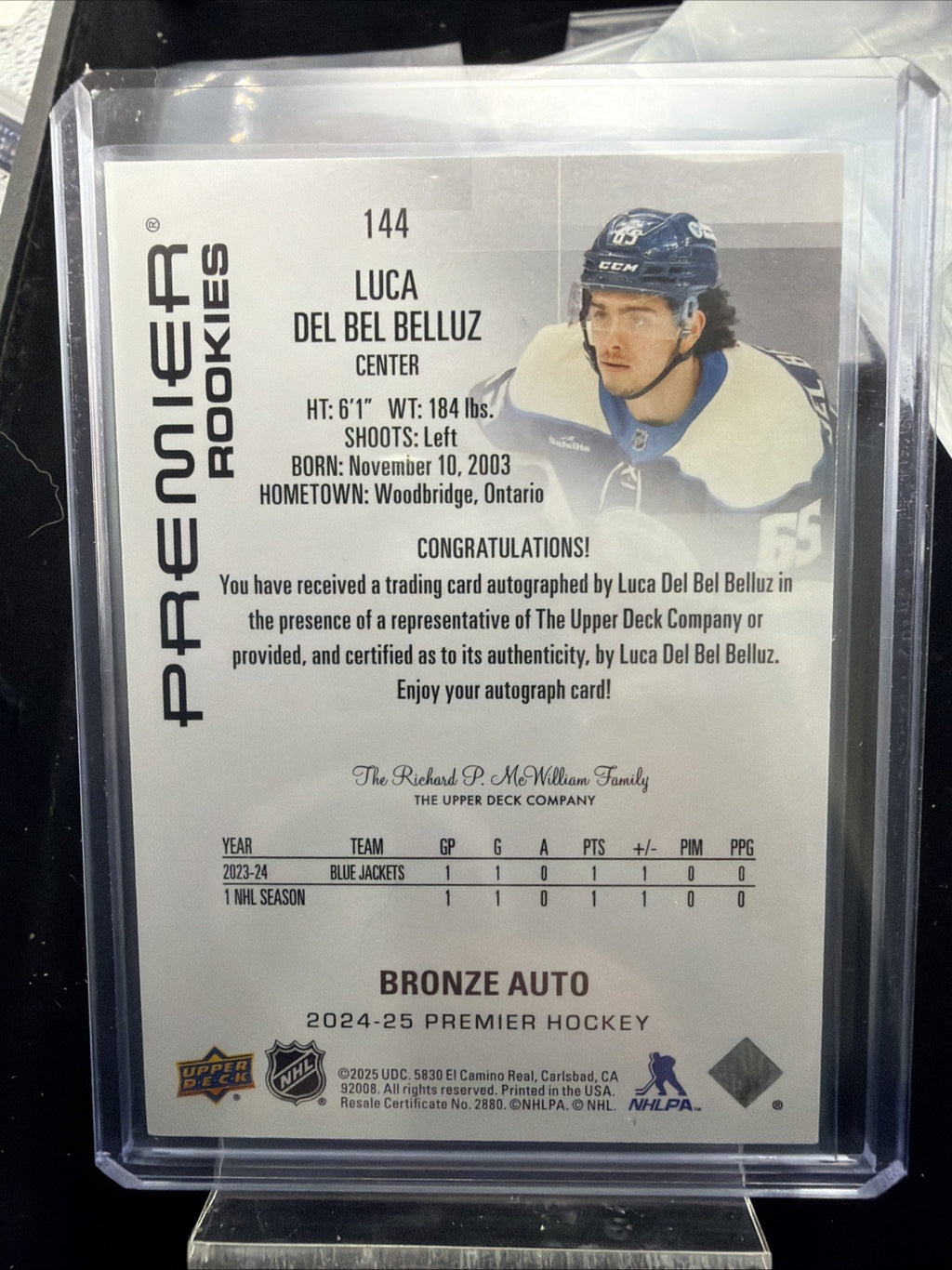 2024-25 Upper Deck Premier Rookies Bronze Auto Luca Del Bel Belluz #144 Columbus1