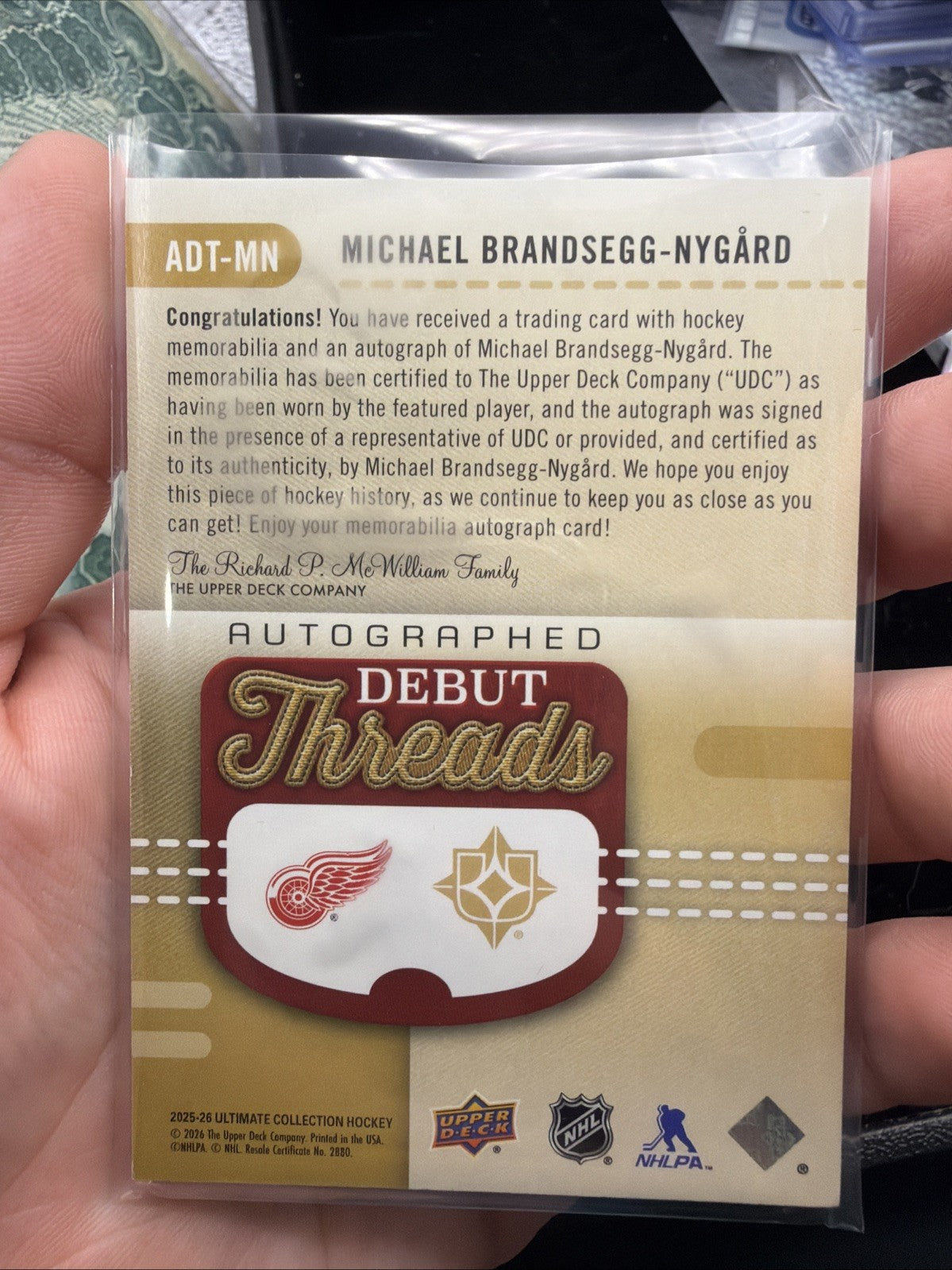 Michael Brandsegg-Nygard #ADT-MN 2025 Upper Deck Ultimate Debut Threads Auto1