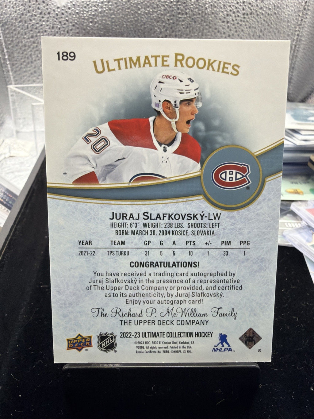 2022- 23 Ultimate Collection Ultimate Rookies /99 Juraj Slafkovsky Rookie Auto1