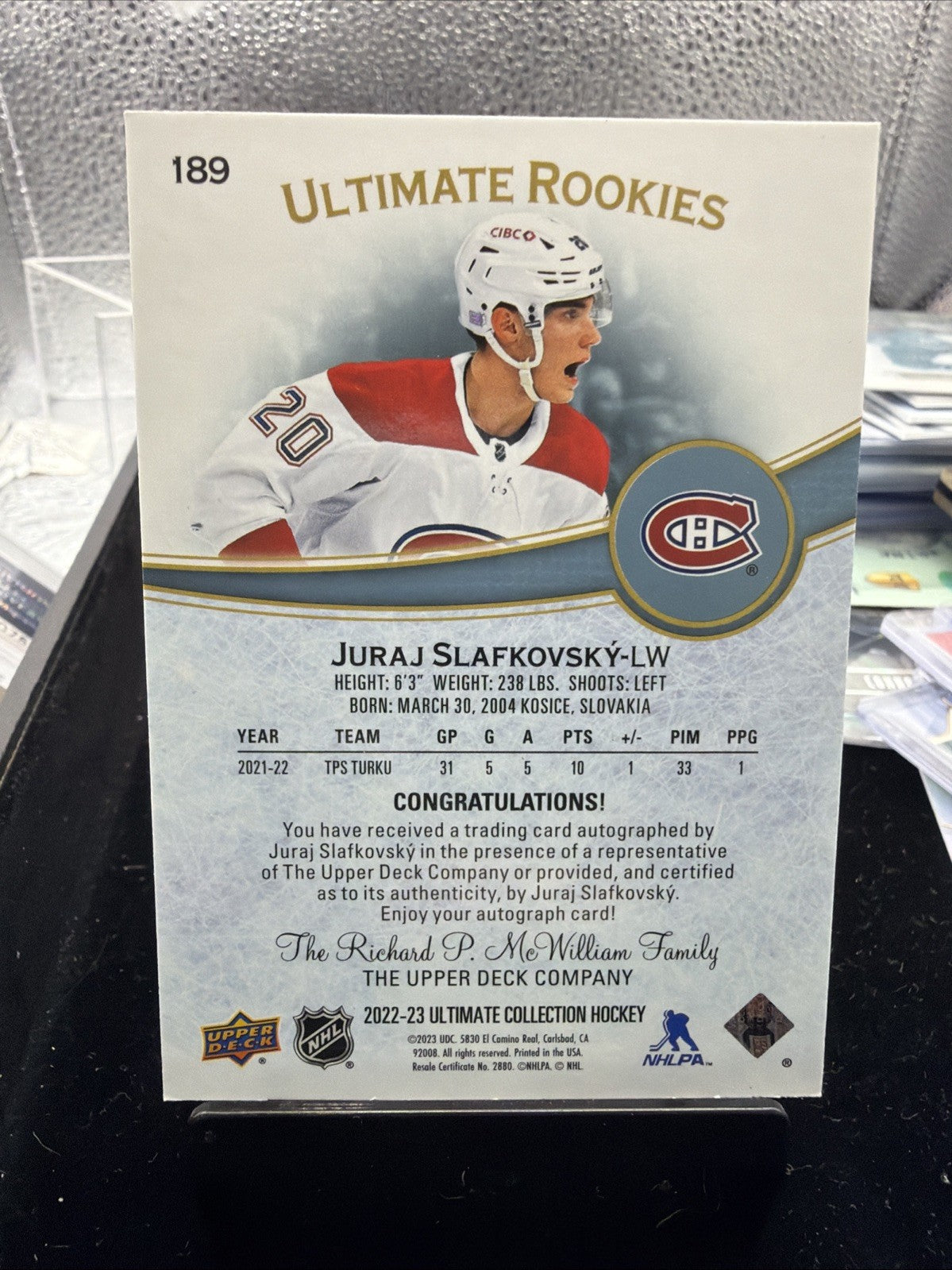 2022- 23 Ultimate Collection Ultimate Rookies /99 Juraj Slafkovsky Rookie Auto1