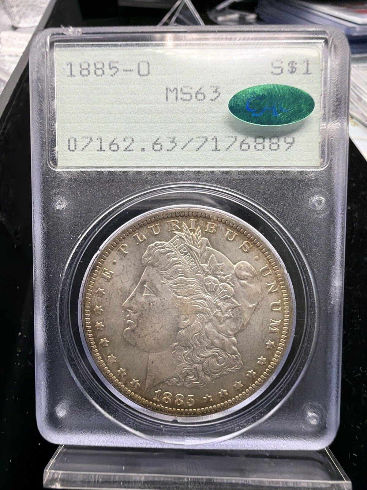 (CAC TONED RATTLER!) 1885-O Morgan Silver Dollar Rattler PCGS MS63 CAC0