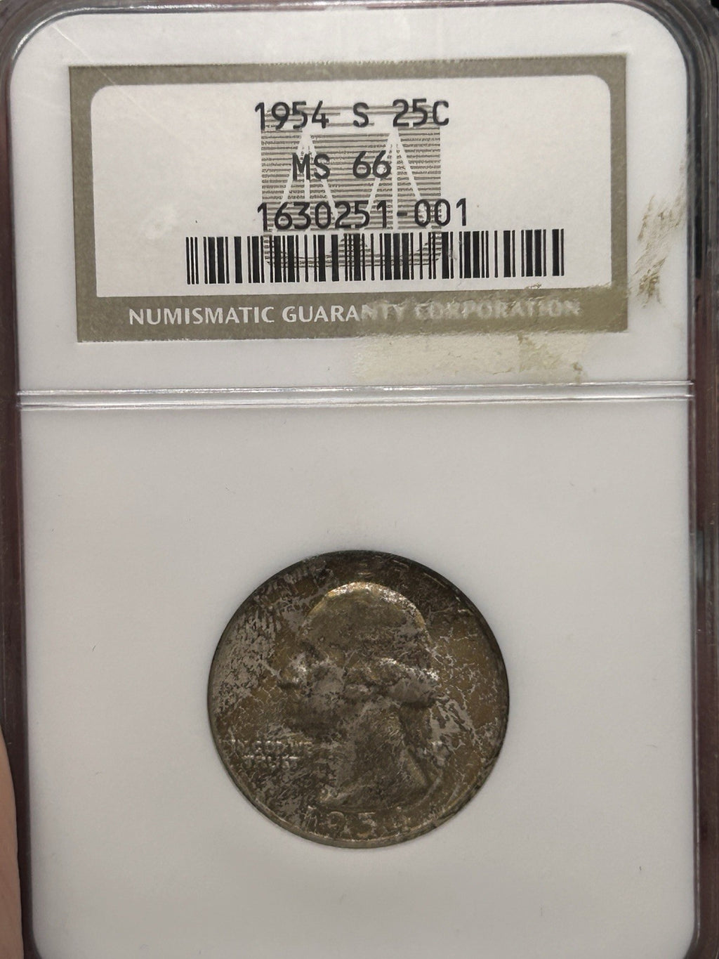 GEM 1954-S MS66 Washington Silver 25c quarter, nicely toned NGC graded0