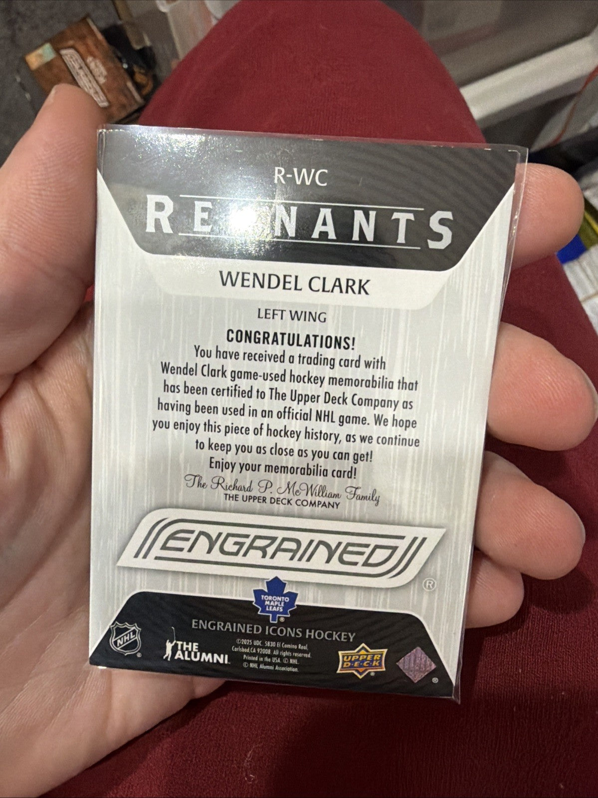 Wendel Clark 2024-25 UD Engrained Icons Remnants Stick /100 #R-WC Toronto Maple1