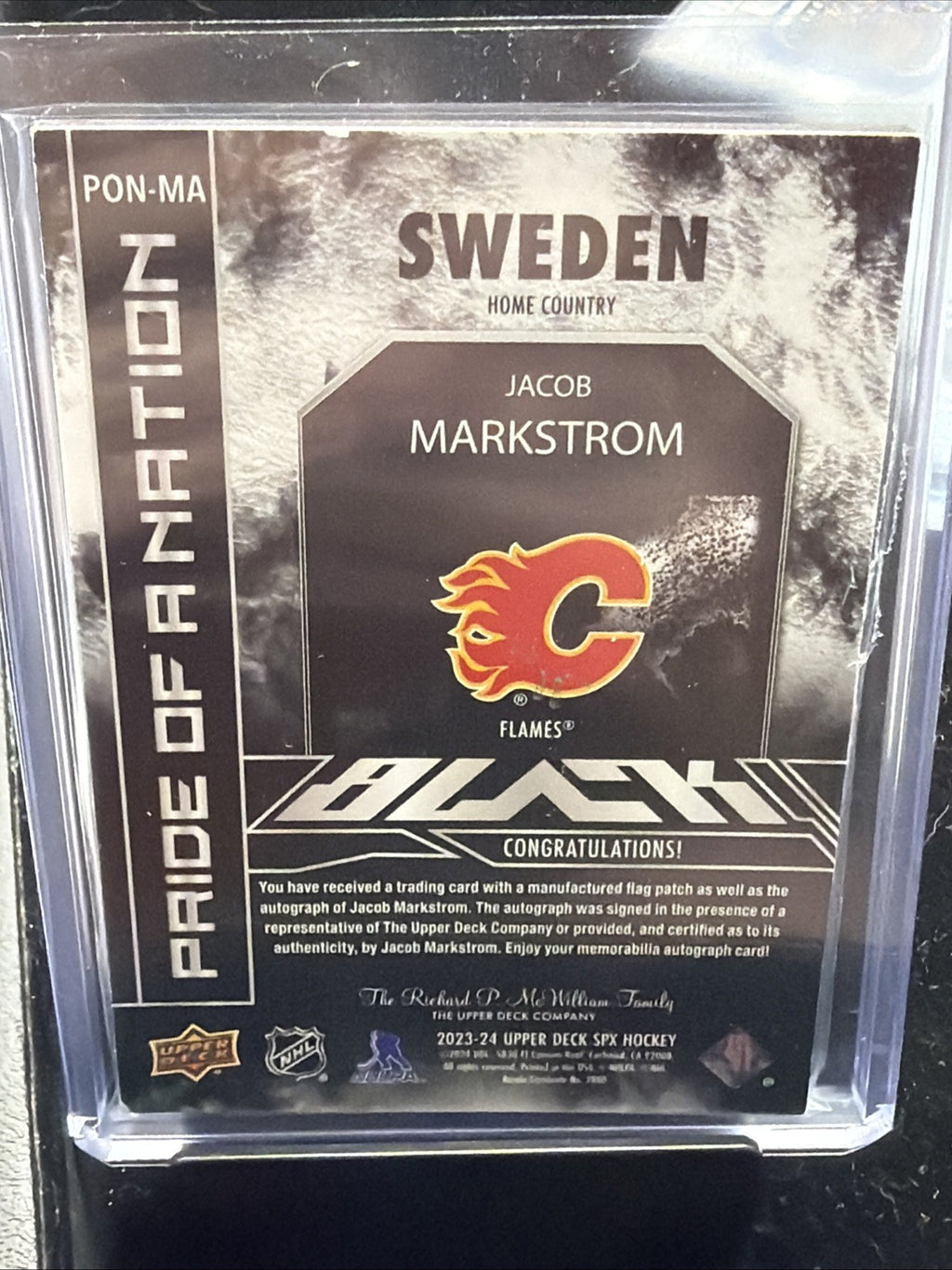 Jacob Markstrom 2023-24 SPx UD Black Pride Of A Nation Auto /99 #PON-MA Calgary1