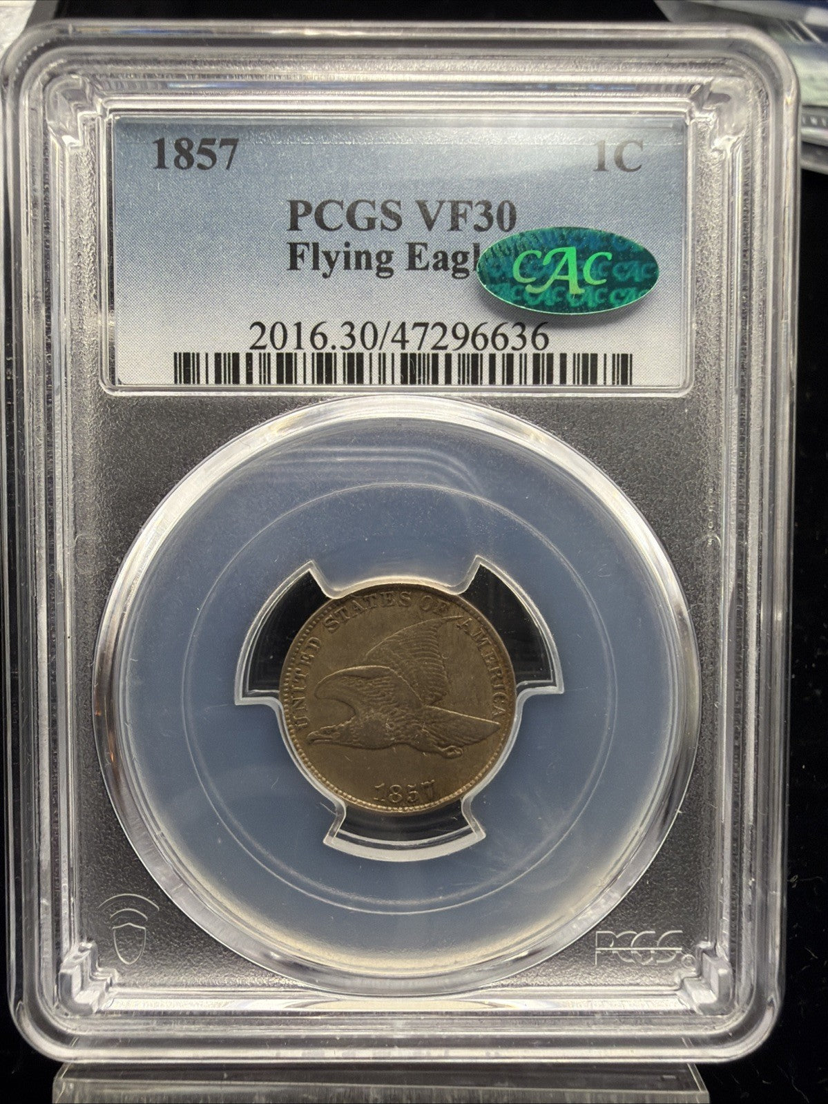 1857 Flying Eagle Cent, PCGS/CAC VF30 - Better Early Type, Scarce with CAC0