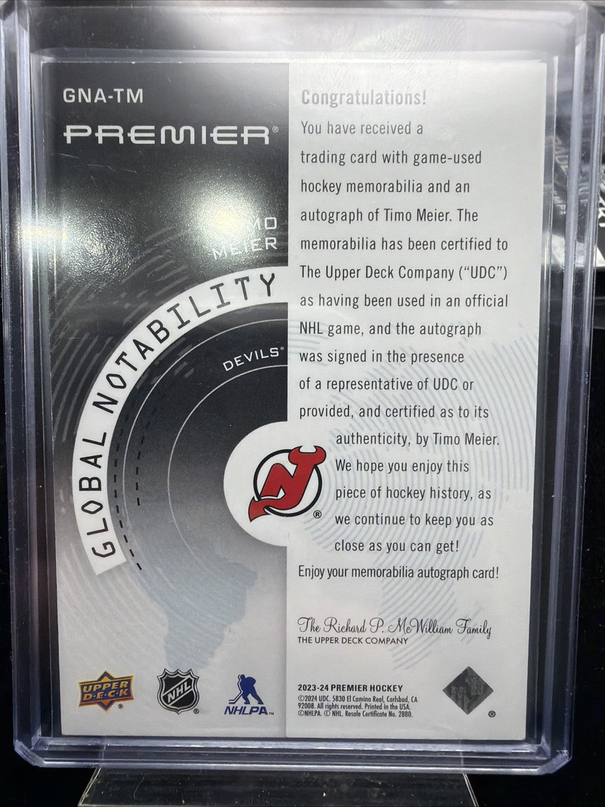 TIMO MEIER  2023-24  PREMIER  GLOBAL NOTABILITY AUTO JERSEY 44/501