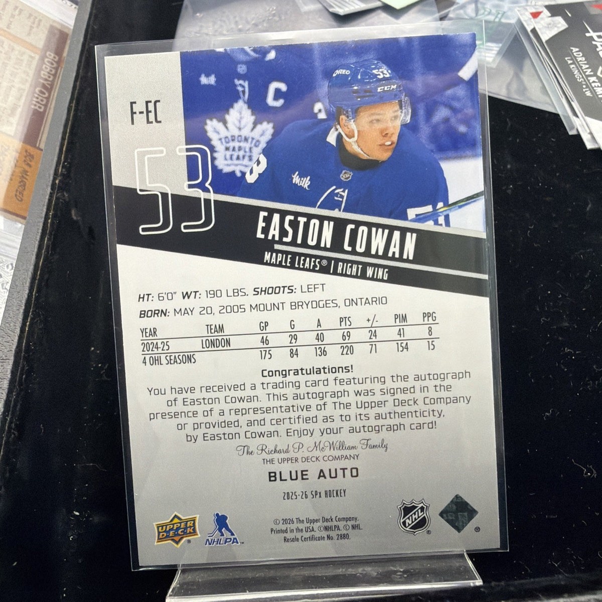 Upper Deck 2025-26 SPx Easton Cowan Blue Auto Autograph /199 #F-EC Leafs1