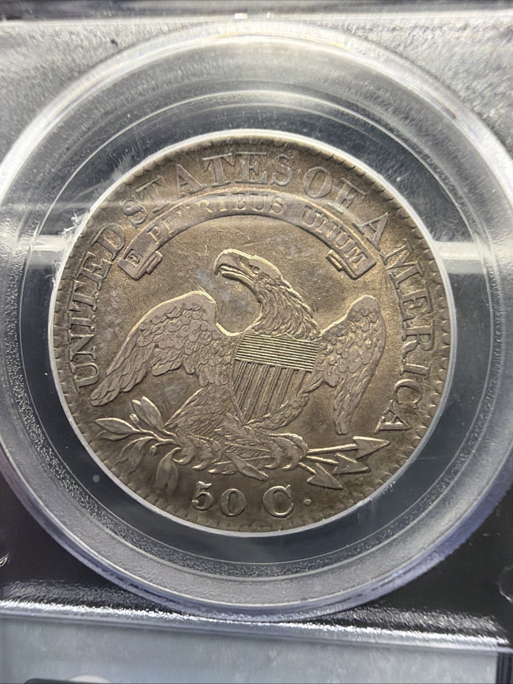 TONED 1827 Capped Bust Silver Half Dollar 50c Square Base 2 PCGS AU53 US COIN2