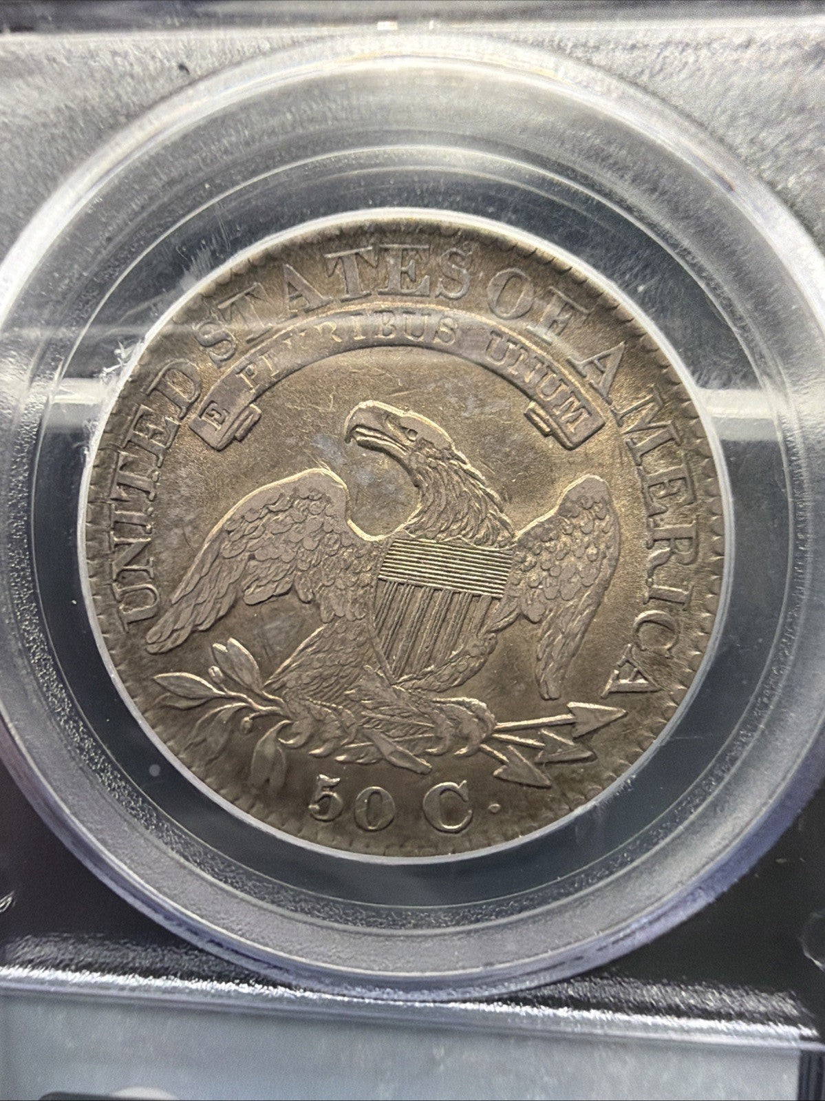 TONED 1827 Capped Bust Silver Half Dollar 50c Square Base 2 PCGS AU53 US COIN2