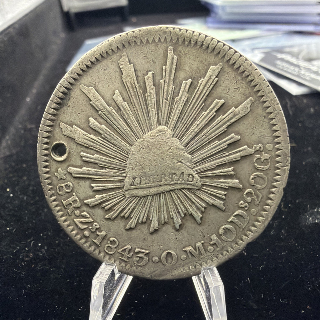 Mexico 1843 8 Reales Zs OM Zacatecas Mint Silver Coin sm hole0