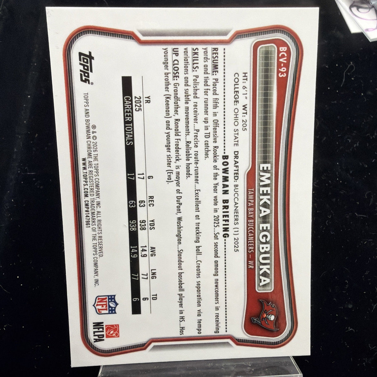 2026 Bowman Football Emeka Egbuka Mojo Refractor #BCV-93 Tampa Bay Buccaneers1