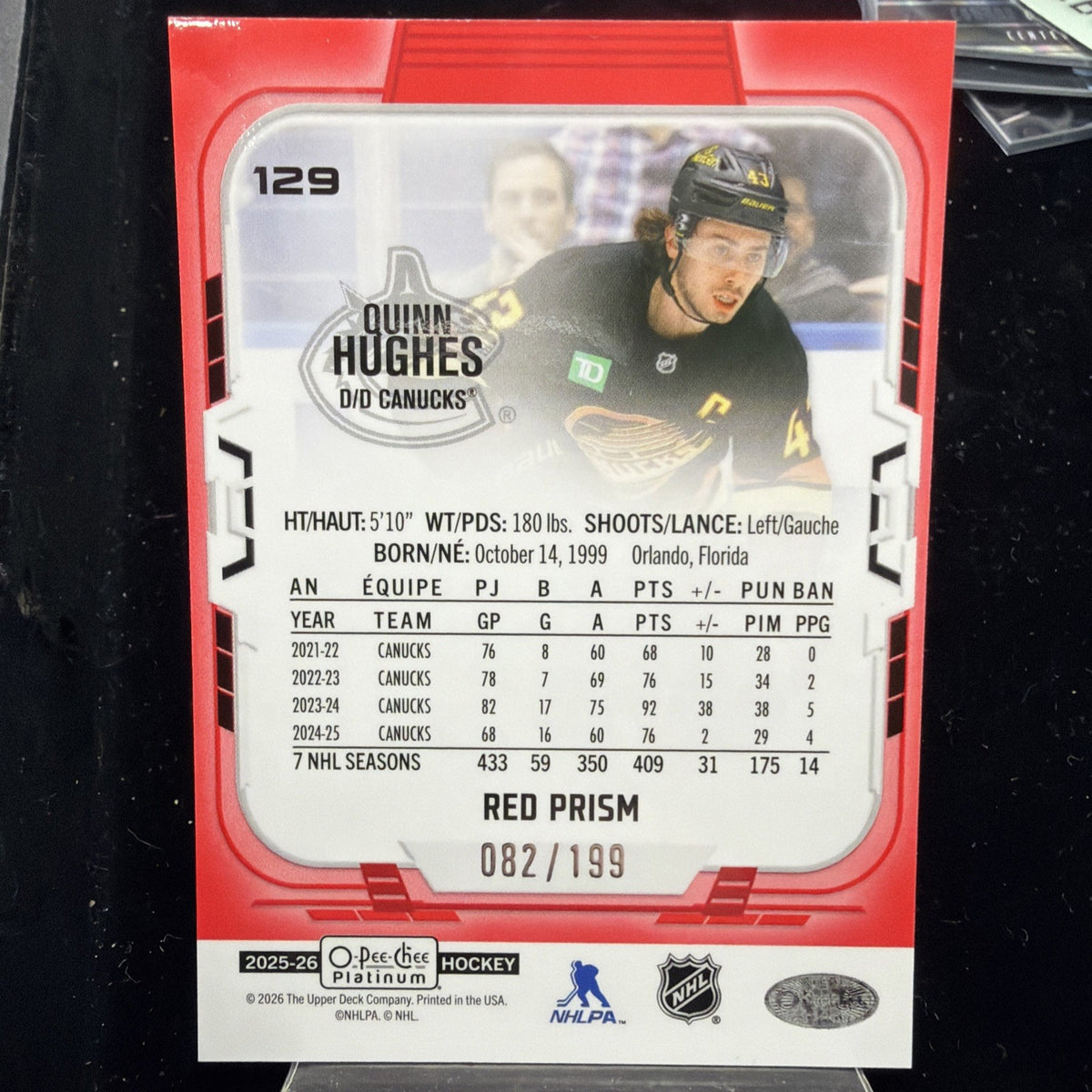 2025-26 O-Pee-Chee Platinum - Quinn Hughes #129 RED PRISM /1991