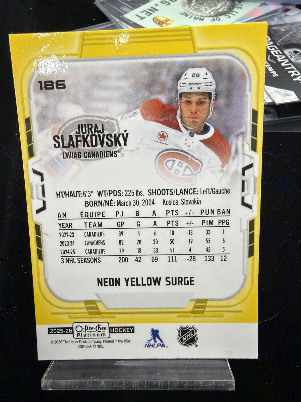 2025 OPC Platinum Juraj Slafkovsky #186 Neon Yellow Surge1