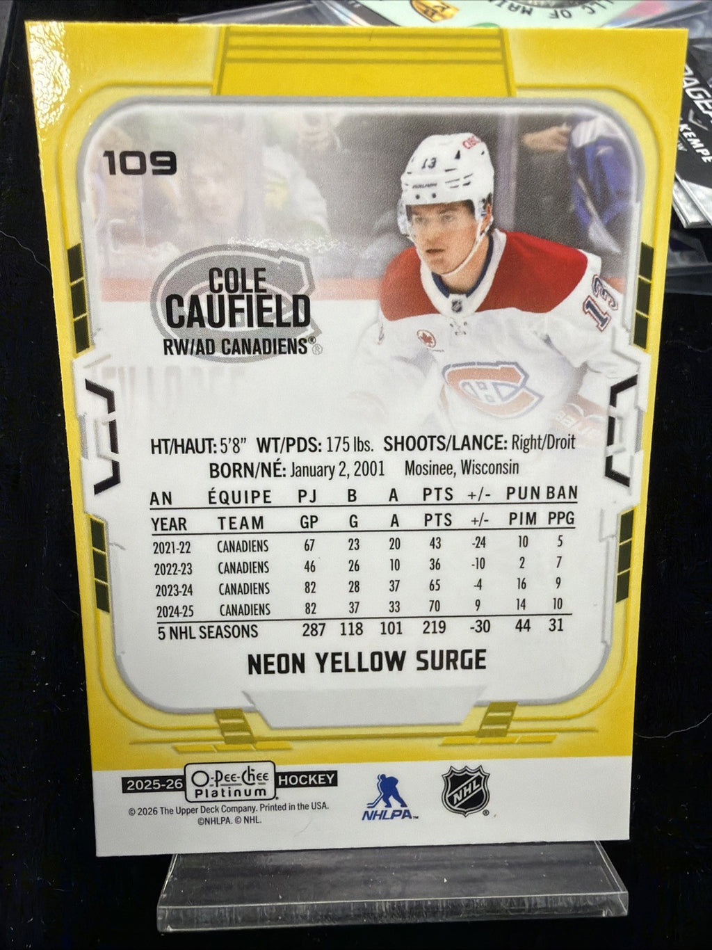 2025-26 O-Pee-Chee Platinum Neon Yellow Surge COLE CAUFIELD #1091