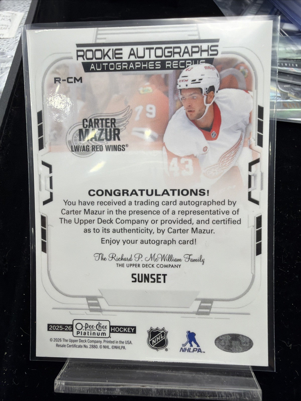 2025 26 OPC Platinum Carter Mazur Rookie Auto Sunset Red Wings1