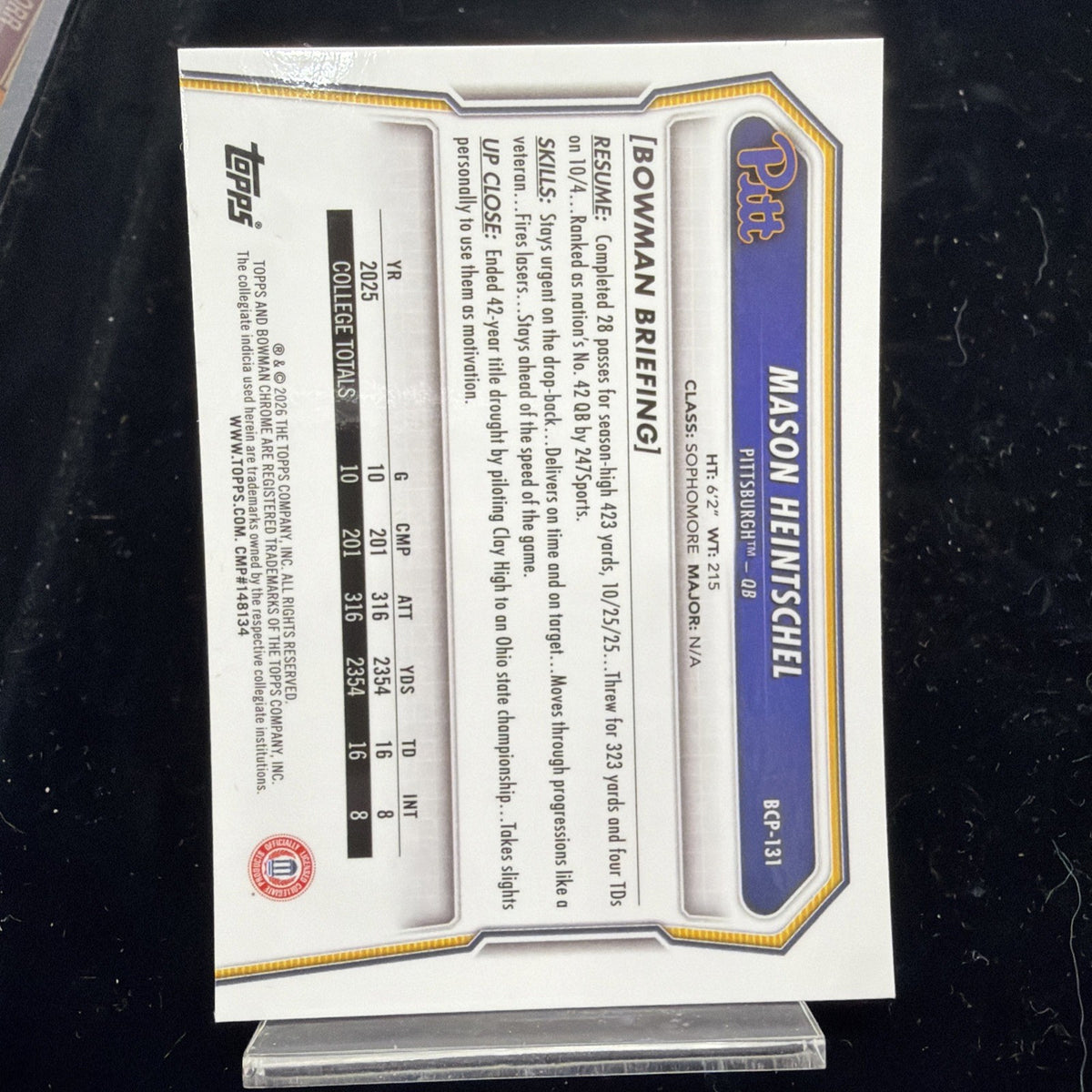 2026 Bowman Chrome 1st Yellow Mojo/275 Mason Heintschel, Pittsburgh University1