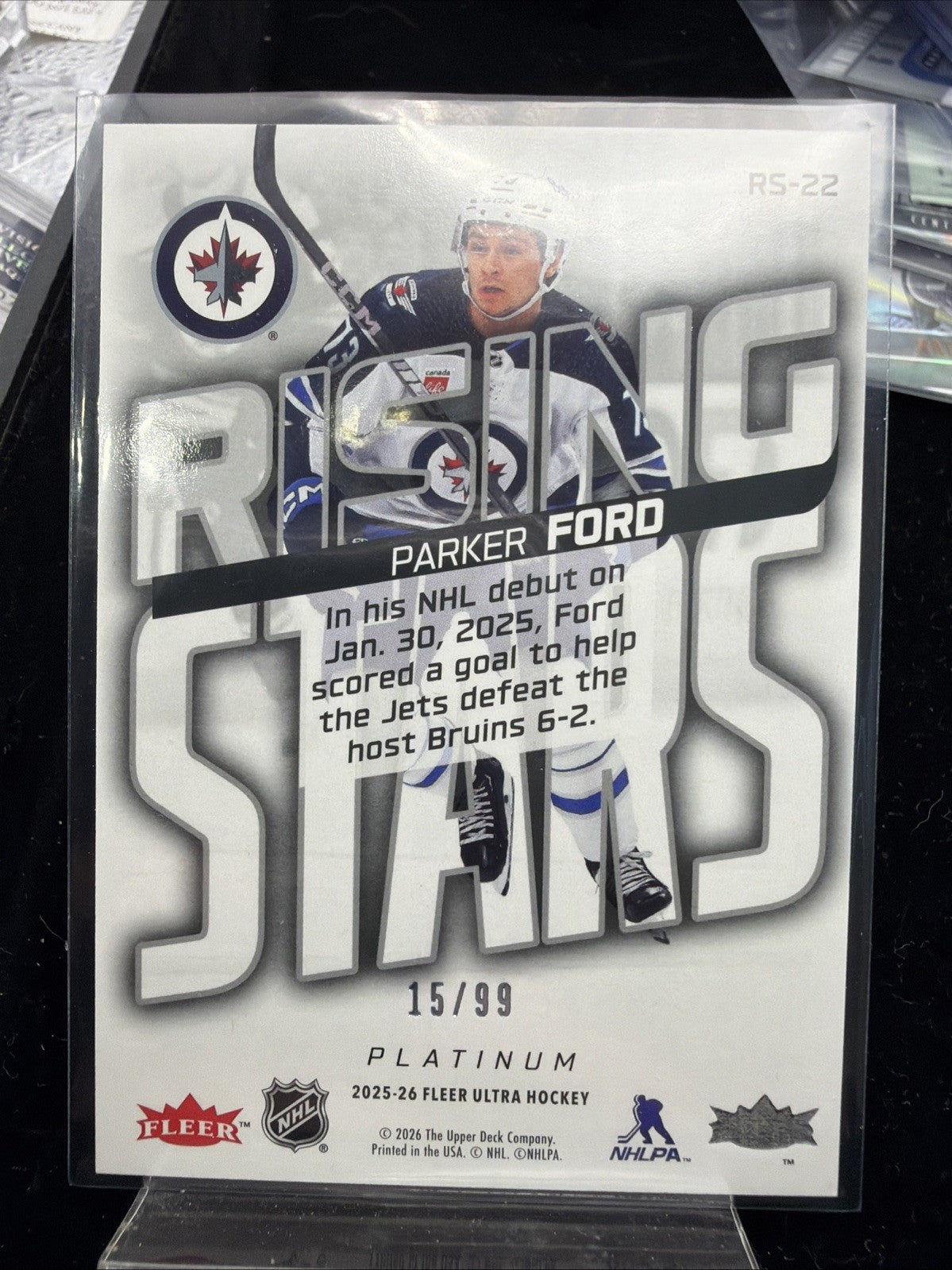 2025-26 UD Fleer Ultra Rising Stars PLATINUM Parker Ford /99 - Winnipeg Jets1