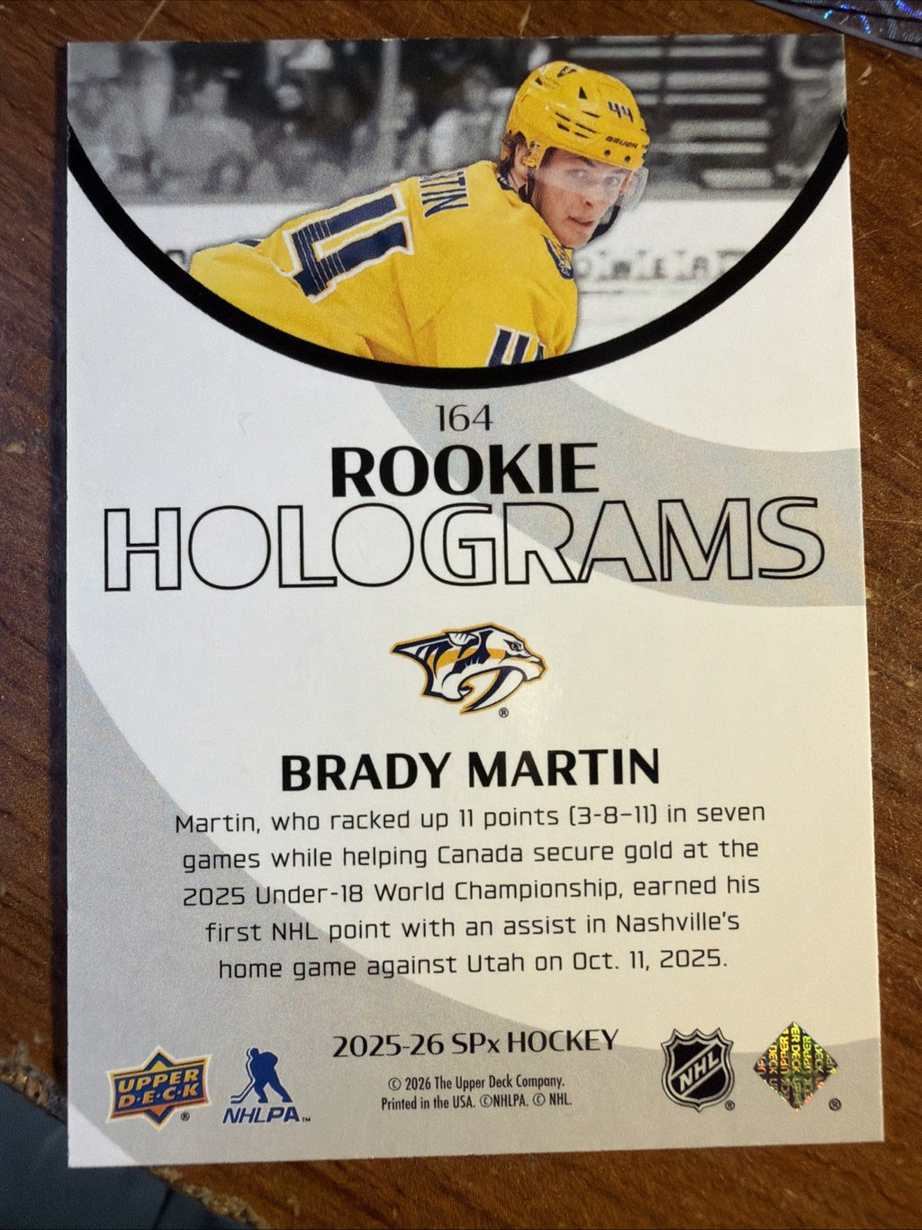 2025-26 SPx BRADY MARTIN Rookie Holograms #164 Nashville Predators RC Case Hit1