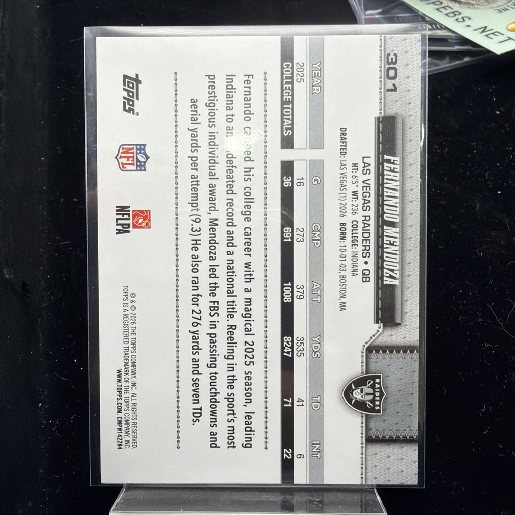Fernando Mendoza Topps 2026 Flagship Rookie #301 Las Vegas Raiders1