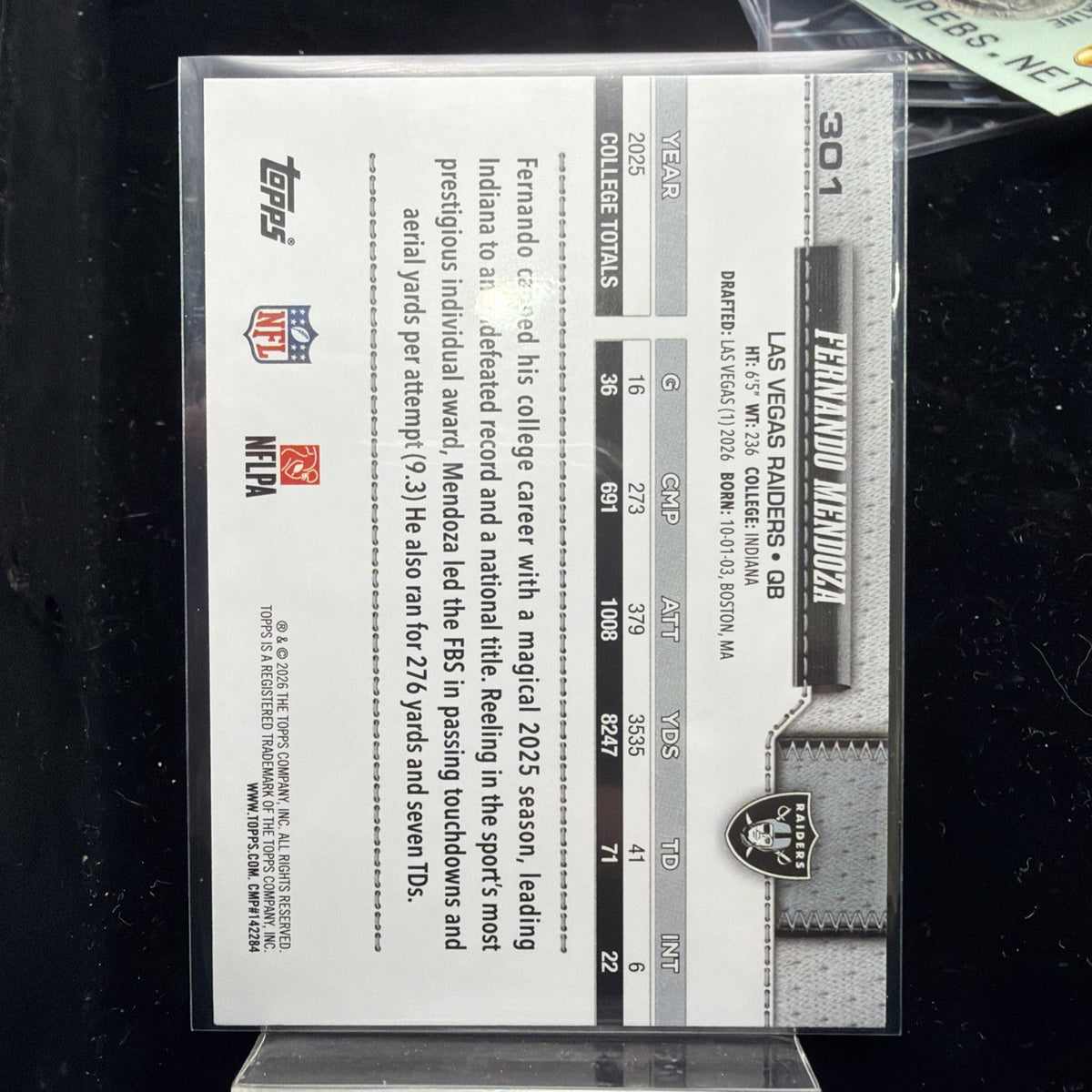 Fernando Mendoza Topps 2026 Flagship Rookie #301 Las Vegas Raiders1