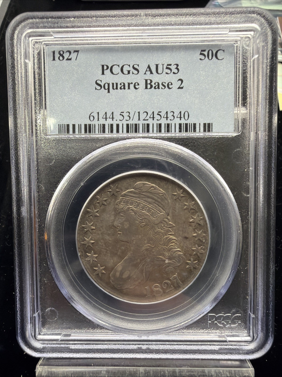 TONED 1827 Capped Bust Silver Half Dollar 50c Square Base 2 PCGS AU53 US COIN0