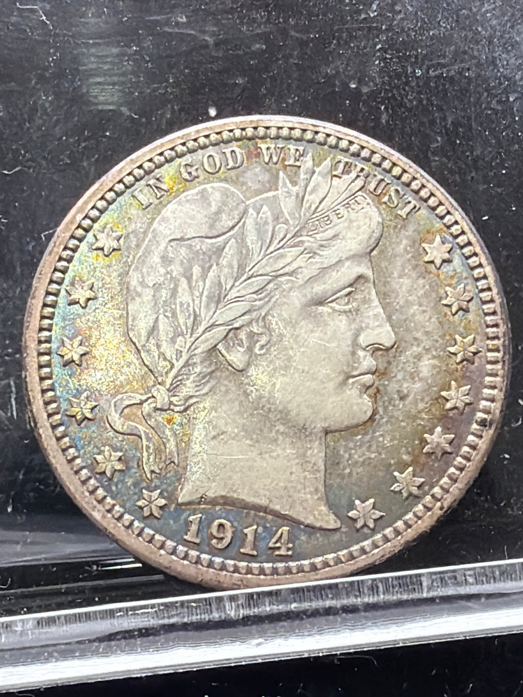 1914 AU Barber Quarter - beautifully toned, lustrous US Silver 25c coin