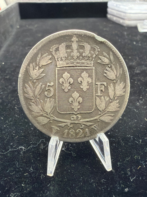 1821 W France 5 Francs - Louis XVIII 90% silver coin