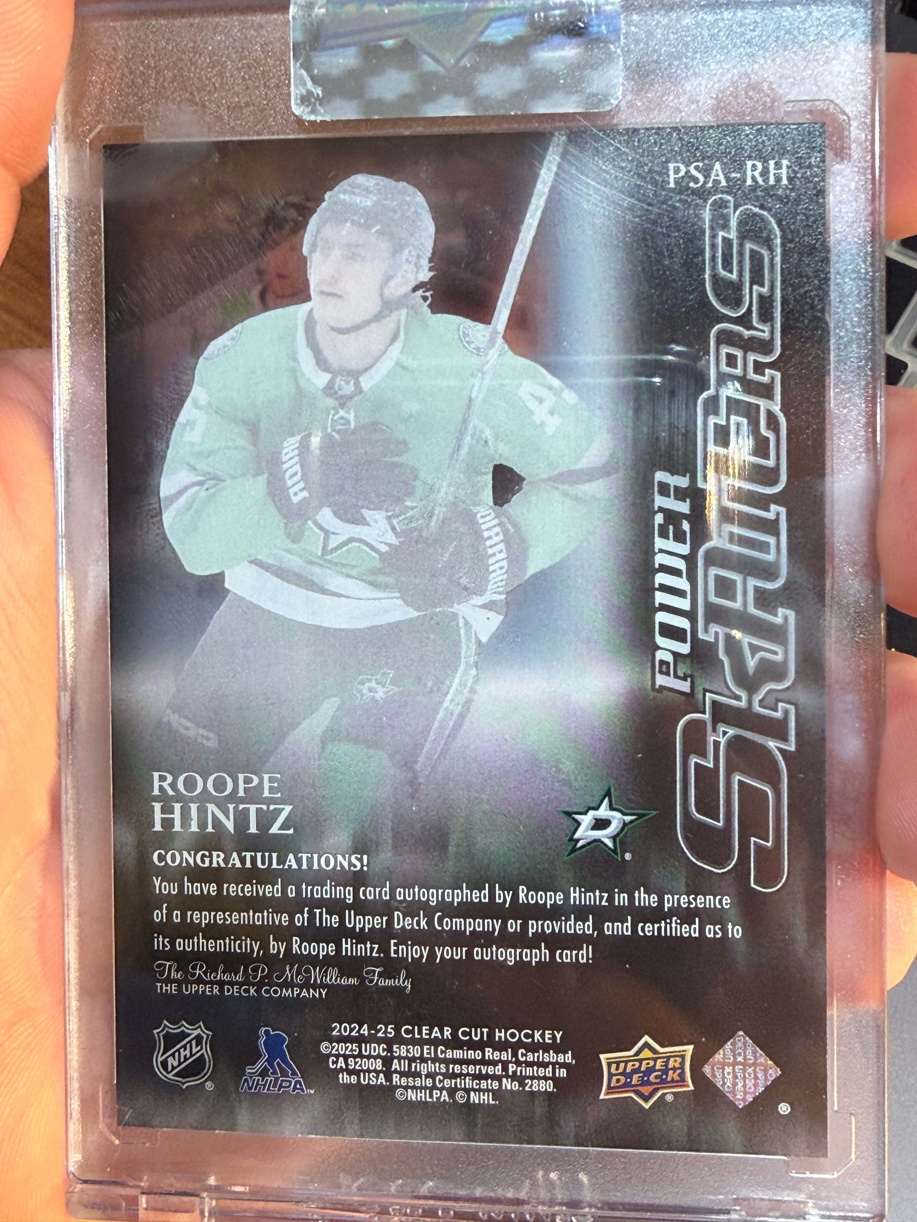 ROOPE HINTZ Auto, UD Clear Cut 2024-25 'Power Skaters' insert #1 of /10! Ultra rare!