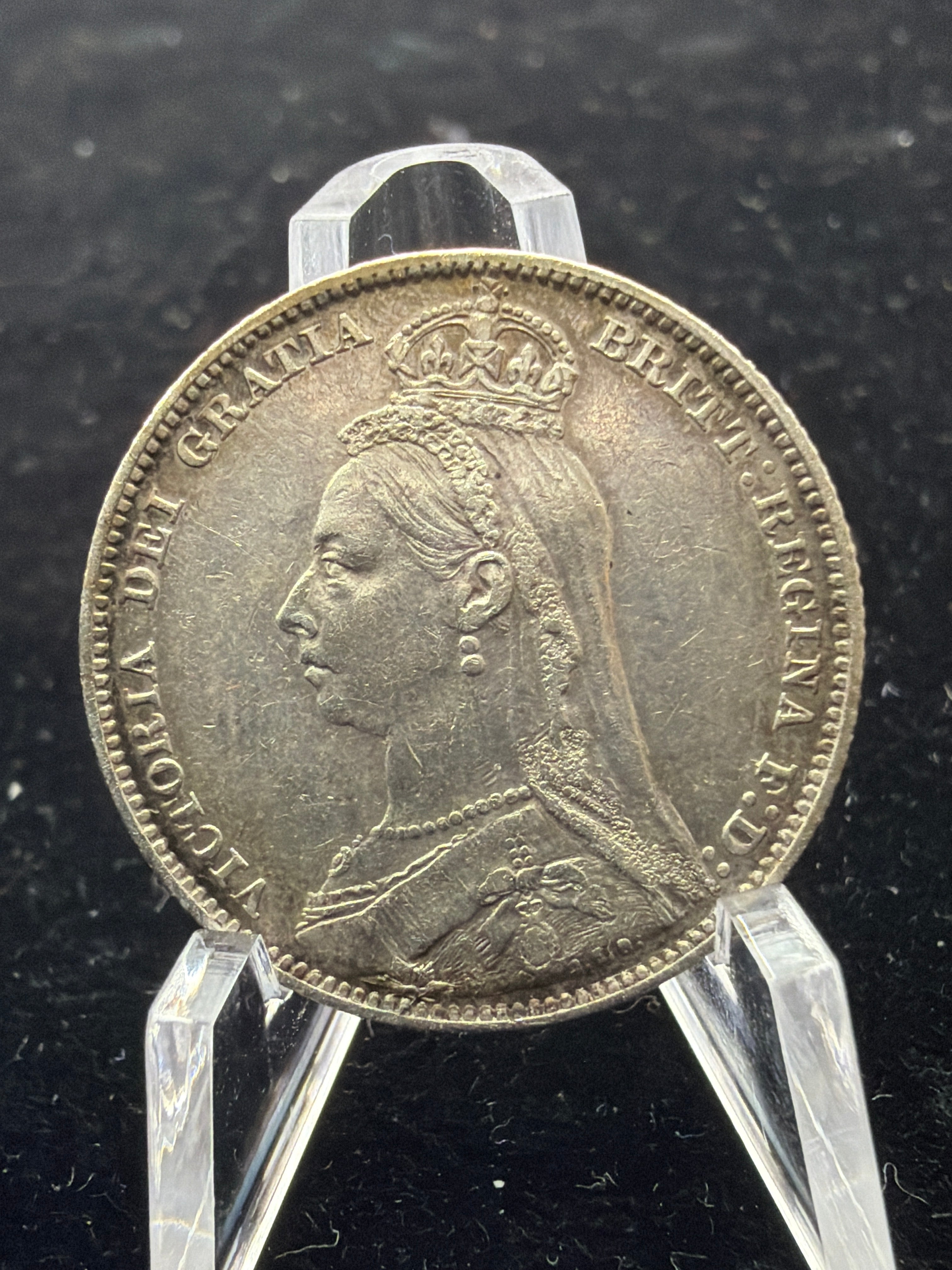 UNC 1889 UK Shilling - Victoria Sterling Silver Coin - dipped
